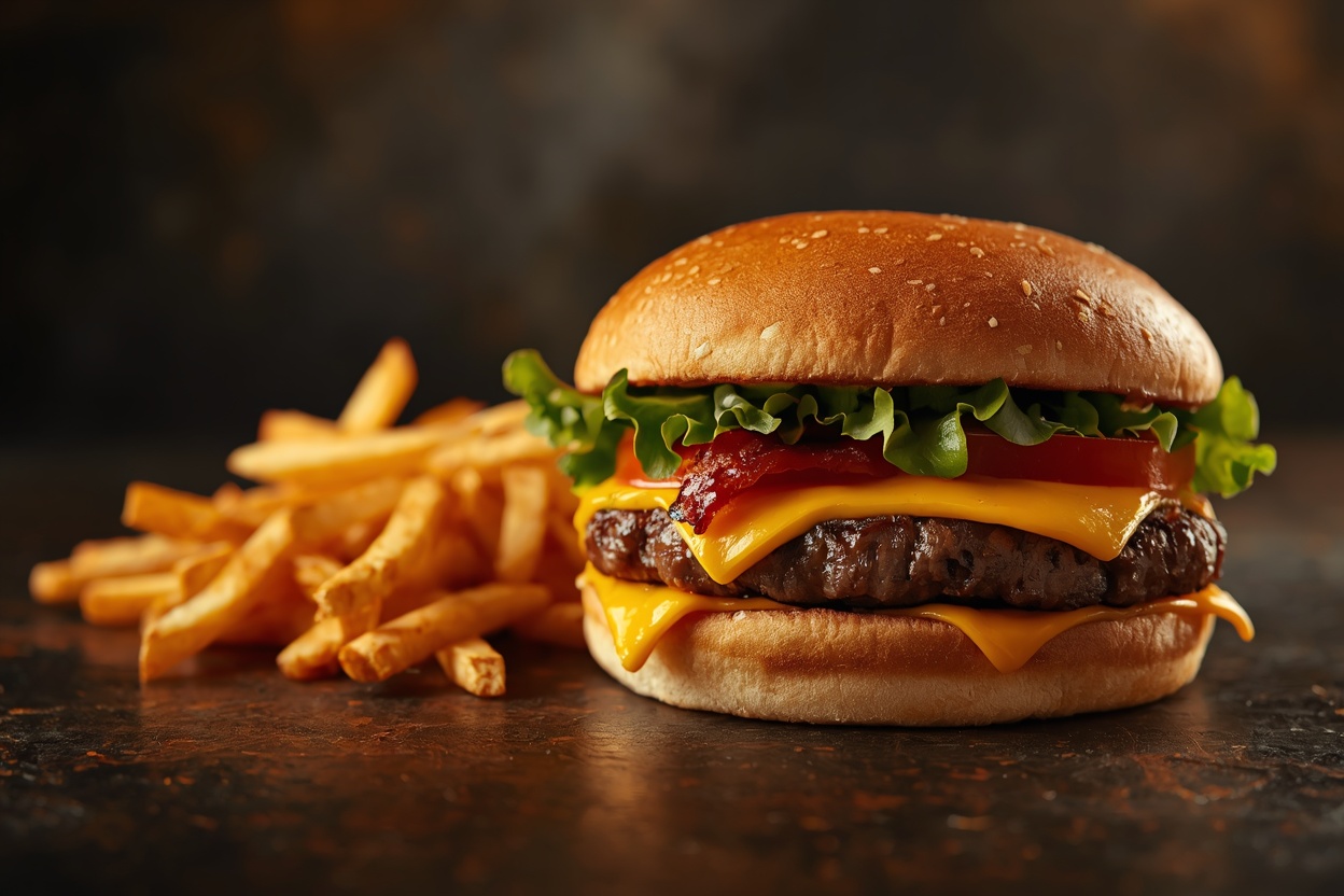 Burger with cheddar, bacon and French fries