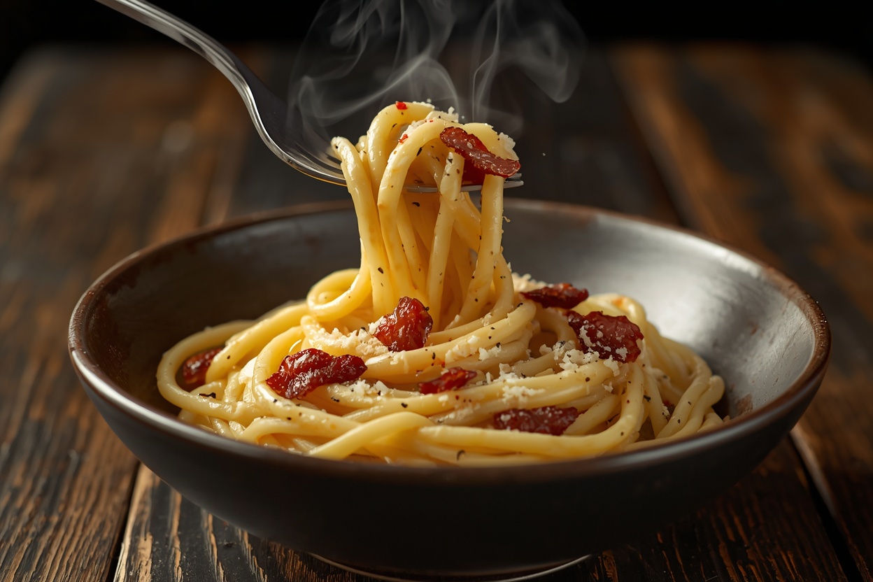 Spaghetti carbonara with parmesan